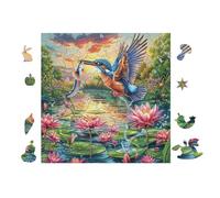 Martín Pescador con Lirios de Agua Puzzle 100 Piezas Cartón Resistente para Parejas Noches De Cita Actividad Antiestrés Tiempo Libre Pack Completo Regalo Aniversario 28x28cm