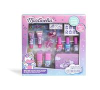 MARTINELIA Set de belleza de unicornio para niños - Kit de maquillaje para niña: 5 esmaltes de uñas + 2 brillos de labios + 1 caja de metal + accesorios y plantillas para manicura - Regalo para niñas