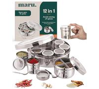 MARU Caja de especias de acero 12 en 1 para cocina, duradera Masala Dani con contenedor de partición central y tapas transparentes, elegante Anjarai Petti, elegante caja de almacenamiento de cocina