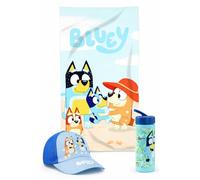 MARUKATSU Bluey Pack Playa Niño Completo Toalla 140x70 cm + Gorra Ajustable + Botella 410ml - Set Verano Infantil Microfibra Secado Rápido Piscina