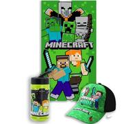 MARUKATSU Minecraft Pack Playa Niño Completo Toalla 140x70 cm + Gorra Ajustable + Botella 410ml - Set Verano Infantil Microfibra Secado Rápido Piscina Gamer
