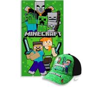 MARUKATSU Minecraft Pack Playa Niño Toalla 140x70 cm + Gorra Ajustable - Set Verano Infantil Piscina Playa Vacaciones Regalo Niños Gamer
