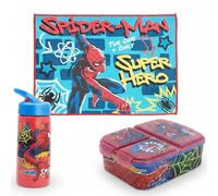 MARUKATSU Pack Infantil 3 en 1 - Toallita Microfibra 40x30 cm + Botella Infantil 410 ml + Sandwichera 3 Compartimentos, Set Merienda Colegio, Lunch Box Niños, Regalo (Spiderman)