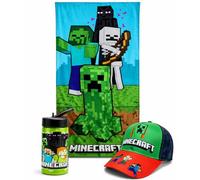 MARUKATSU Pack Infantil Toalla Playa 140x70 cm + Gorra + Botella 410ml - Set Verano Niños Microfibra Secado Rápido Piscina Pokémon Minecraft Stitch Dragon Ball Bluey Sonic (Minecraft 2)