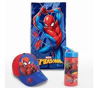 MARUKATSU Pack Infantil Toalla Playa 140x70 cm + Gorra + Botella 410ml - Set Verano Niños Microfibra Secado Rápido Piscina Pokémon Minecraft Stitch Dragon Ball Bluey Sonic (Spiderman)
