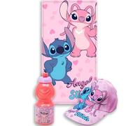 MARUKATSU Pack Infantil Toalla Playa 140x70 cm + Gorra + Botella 410ml - Set Verano Niños Microfibra Secado Rápido Piscina Pokémon Minecraft Stitch Dragon Ball Bluey Sonic (Stitch & Angel)