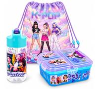 MARUKATSU Set Sandwichera Infantil con Compartimentos, Botella 410ml y mochila cuerda 45cm para Niños y Niñas | Fiambrera Escolar + Botella Reutilizable | (Kpop con mochila 2)