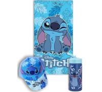 MARUKATSU Stitch Pack Playa Niño Completo Toalla 140x70 cm + Gorra Ajustable + Botella 410ml - Set Verano Infantil Microfibra Secado Rápido Piscina Disney