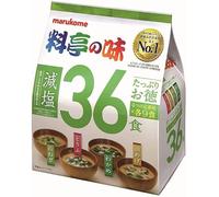 Marukome Miso Soup Ryotei no Aji 4 sabores, sal reducida, paquete de 36 sopas de miso japonesas instantáneas (algas wakame, cebolletas, tofu, aburaage)