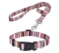 MarukoPet Juego de collar y correa para perro, ajustable para perros pequeños, medianos y grandes, bonito diseño con patrones geométricos tribales bohemios para niños y niñas (juego bohemio rosa, S)