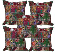 Marusthali Juego de 2 fundas de cojín bordadas indias, 40,6 x 40,6 cm | Colorido diseño de retazos bordados con detalles textiles decorativos, ideal para sofás, camas, sillas y decoración del hogar