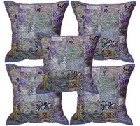 Marusthali Juego de 5 fundas de cojín bordadas indias de retazos, 40,6 x | Colorido diseño de retazos bordados con detalles textiles decorativos, ideal para sofás, camas, sillas y decoración del hogar
