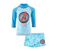 Marvel Avengers Bañador para Niños, Traje de Baño Proteccion UV Conjunto de 2 Piezas Natación, Camiseta y Shorts de Baño, Tallas 4 a 10 Años (FR/ES, Edad, 10 años, Regular, Azul)