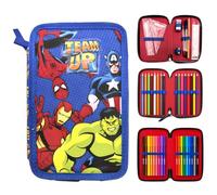 Marvel Avengers Estuche Escolar Triple Deluxe con Contenido para Niños | Estuche Escolar de 3 Compartimentos con Lápices de Colores y Material Escolar | Estuche Organizador para el Colegio