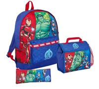 Marvel Avengers Mochila + Bolsa de almuerzo + Estuche de lápices para niños, juego de 3 piezas para la escuela, Hulk, Capitán América, Iron Man, Azul, Large