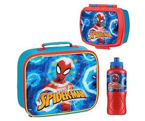 Marvel Bolsa Termica Porta Alimentos Infantil Set 3 Pzs Loncheras para Niños, Sandwichera Fiambrera, Botella de Agua, Merienda Bocadillos Cole Accesorios Spiderman Avengers (Azul Spiderman)