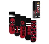 Marvel Calcetines de Deadpool para hombre (5 unidades) | Diseño gráfico en rojo y negro | Uso diario | Mercancía de personajes de películas | Mercancía