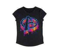 Marvel Classic Melting Avengers Icon-Camiseta de Manga enrollada para Mujer, Negro, S