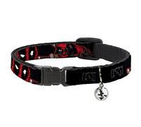 Marvel Comics - Collar de gato, collar separable con campana, logotipo de salpicaduras de Deadpool Action Poses en negro, rojo y blanco, 8.5 a 12 pulgadas, 0.5 pulgadas de ancho