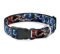 Marvel Comics Collar para mascotas, collar de perro, hebilla de plástico, Avengers Thor Hammer Action Pose Galaxy Blues Blanco, 7 a 8.5 pulgadas de ancho