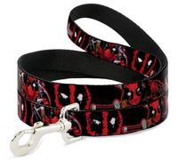 Marvel Comics - Correa para Mascotas, Correa para Perro, Logotipo de Deadpool Action Poses con Salpicaduras en Negro, Rojo y Blanco, 4 pies de Largo y 1.5 Pulgadas de Ancho
