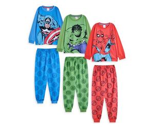 Marvel Conjunto de Pijama para niño, Paquete de 3 | Camiseta de Manga Larga con gráfico de Spiderman, Hulk y Capitán América para niños y Pantalones de Pijama de Pernera Larga en Rojo, Verde y Azul