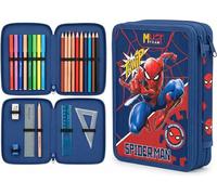 Marvel Estuche de doble piso lleno de papelería para niños, Cremallera doble Spiderman azul oscuro, moderno