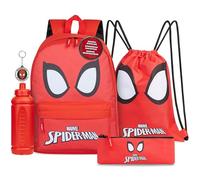 Marvel Set 5 Piezas Mochila, Bolsa, Estuche, Botella y Llavero para Niños (Rojo Spiderman)