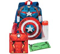 Marvel Mochila para niños Set de 4 Piezas de Mochila Escolar de Capitán América con Bolsa de Almuerzo, Estuche para lápices y Botella de Agua | Múltiples Compartimentos | Material Duradero