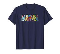 Marvel Logo with Characters Spider-Man, Iron Man, Thor, Hulk Camiseta, Hombre, Azul Marino, L