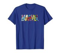 Marvel Logo with Characters Spider-Man, Iron Man, Thor, Hulk Camiseta, Hombre, Azul Real, 3XL