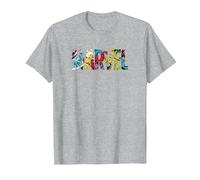 Marvel Logo with Characters Spider-Man, Iron Man, Thor, Hulk Camiseta, Hombre, Gris Jaspeado, M