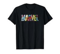 Marvel Logo with Characters Spider-Man, Iron Man, Thor, Hulk Camiseta, Hombre, Negro, L