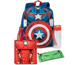 Marvel Mochila para niños Set de 4 Piezas de Mochila Escolar de Capitán América con Bolsa de Almuerzo, Estuche para lápices y Botella de Agua | Múltiples Compartimentos | Material Duradero