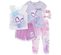 Marvel Spider-Gwen Ghost Spider Girls - Conjunto de 5 piezas con 2 blusas, leggings, pantalones cortos y coletero para niños pequeños, Blanco/Morado, 4 años
