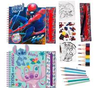 Marvel Spider-Man & Disney Stitch Angel - Juego de 2 cuadernos en espiral, estuches extraíbles, 12 lápices de colores, páginas para colorear y calcomanías, regalo de actividades artísticas para niños