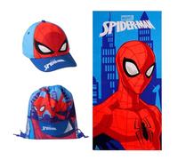 Marvel Spider-Man Gorra de Beisbol Toalla y Mochila Saco Cordón, Set 3 Piezas Infantil, Regalo de Verano Playa Piscina Excursiones para Niños