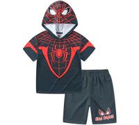 Marvel Spider-Man Miles Morales - Conjunto de camiseta de manga corta con capucha y pantalón corto para niños grandes, Negro -, 6