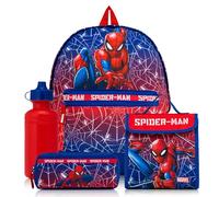 Marvel Spiderman - Mochila escolar de 4 piezas con bolsa de almuerzo, estuche y botella de agua, mochila para niños con correas acolchadas ajustables, material escolar, Blue, Juego de mochila escolar
