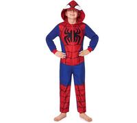 Marvel Spiderman Pijama Entero Niño, Acogedor Mono Pijama Polar, Todo en Uno Encapuchado Ropa de Dormir, Regalos para Niños (4-5 Años, Azul/Rojo)