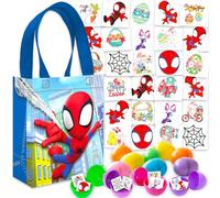 Marvel Spidey and His Amazing Friends - Suministros de búsqueda de huevos de Pascua - Paquete con 12 huevos de Pascua de plástico rellenables, 70 tatuajes, más de 45 tatuajes de primavera, mini bolsa