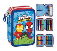 Marvel Spidey y Sus Sorprendentes Amigos Estuche Escolar Triple con Material Incluido | 3 Compartimentos con Lápices de Colores y Material Escolar | Organizador para Niños