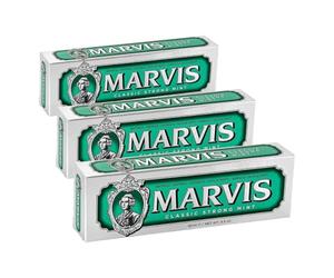 Marvis Pasta de dientes de menta, clásica y fuerte, 85 ml, gel dentífrico con garantía de sabor, pasta dental para un frescor revitalizante y duradero (Paquete de 3)