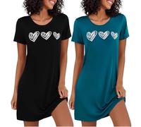Marvmys 2 Piezas Camisones Mujer Agodón Verano Manga Corta Lindo Impresión Corazón Suave Elegante Camisón Negro + Azul 3XL