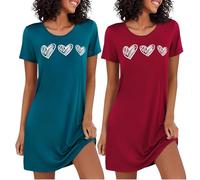 Marvmys 2 Piezas Camisones Mujer Agodón Verano Manga Corta Lindo Impresión Corazón Suave Elegante Camisón Azul + Rojo M