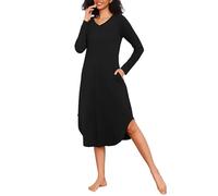 Marvmys Camisón Mujer Invierno Agodón Camisones Manga Larga con Cuello en V Ropa de Dormir con Bolsillos