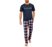 Marvmys Pijama Hombre Algodon Conjunto de Pijama Hombre Camiseta de Manga Corta con Cuello Redondo y Pantalones Largos de Cuadro con Bolsillos y Cordón