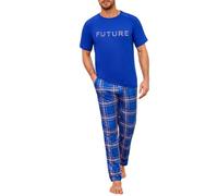 Marvmys Pijama Hombre Algodon Conjunto de Pijama Hombre Camiseta de Manga Corta con Cuello Redondo y Pantalones Largos de Cuadro con Bolsillos y Cordón