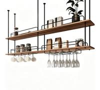 MARXAN Estante de Almacenamiento de Madera Maciza para Vino, Tablero Colgante de Planta Verde, Estante de Dos Capas para Restaurante, Bar, hogar, Cocina, Soporte para Copas