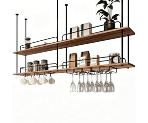 MARXAN Estante de Almacenamiento de Madera Maciza para Vino, Tablero Colgante de Planta Verde, Estante de Dos Capas para Restaurante, Bar, hogar, Cocina, Soporte para Copas